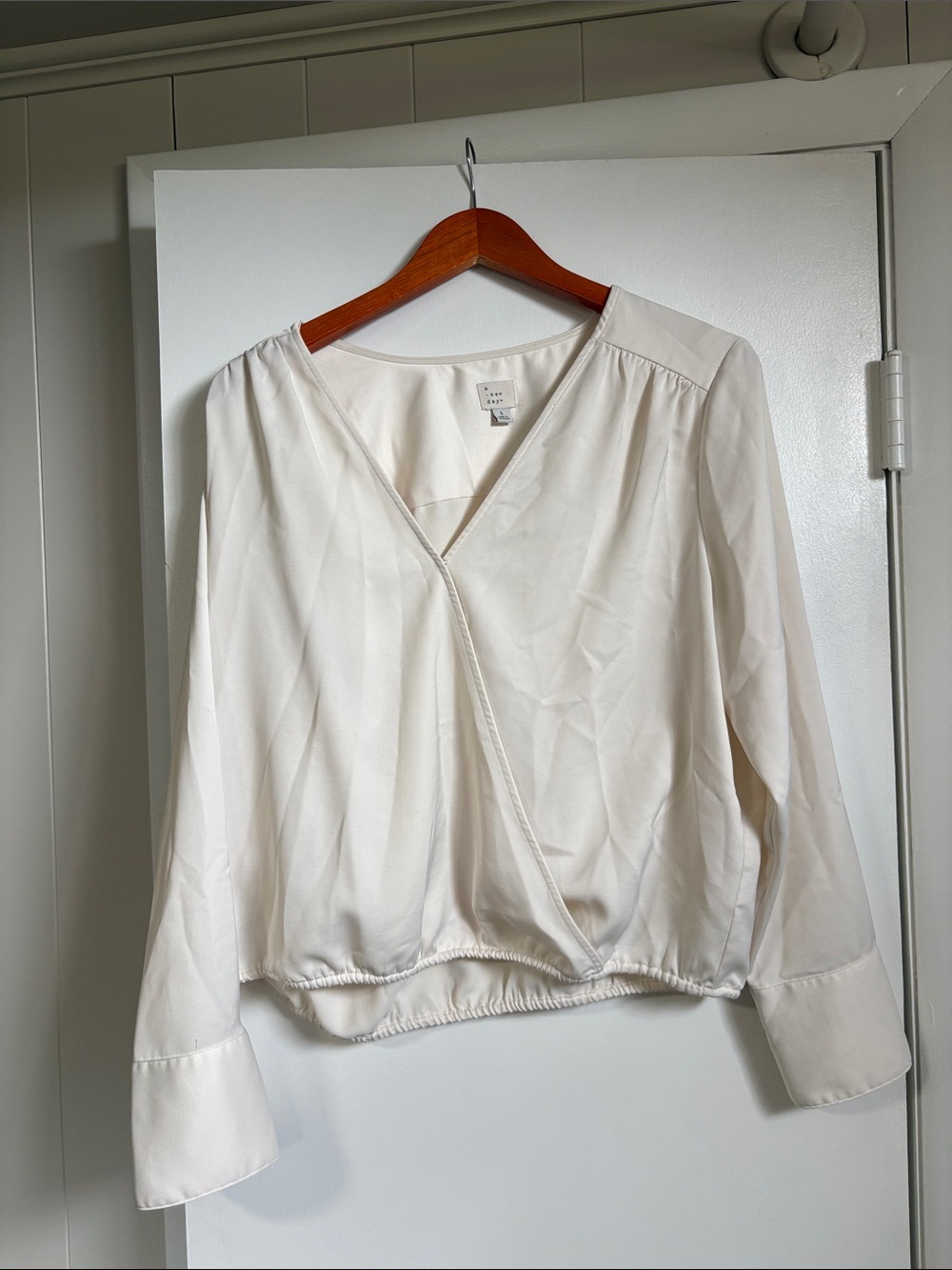 A New Day Cream Satin Surplice Blouse